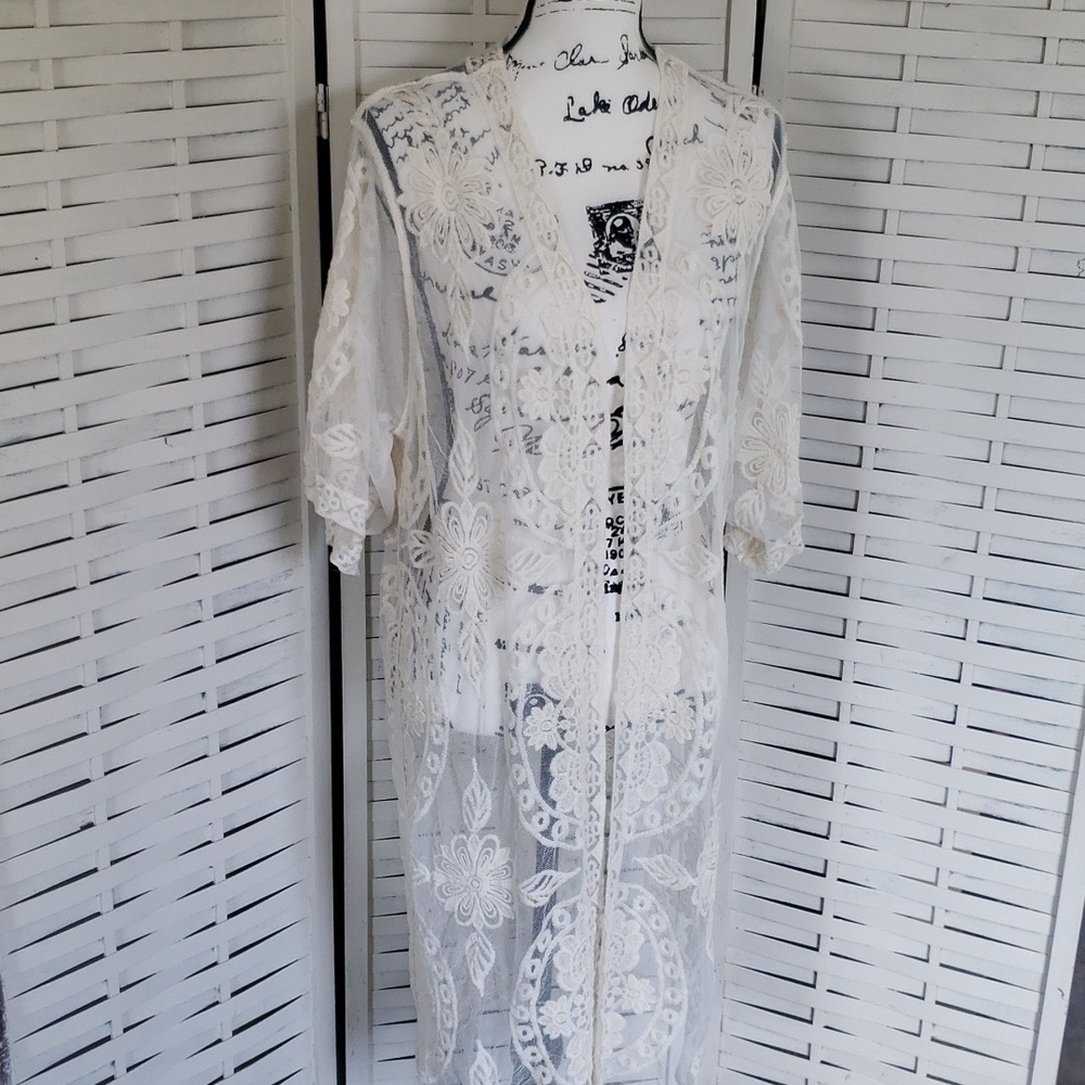 White lace 3/4 sleeves long open cardigan embroidery size L/XL